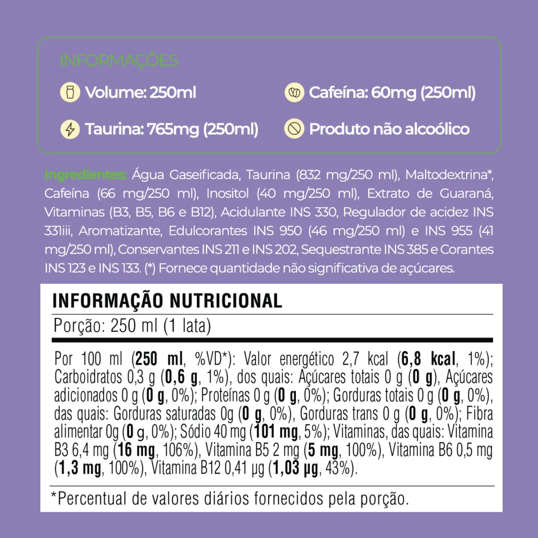 Informações e tabela nutricional do Baly Amora com Hortelã Zero