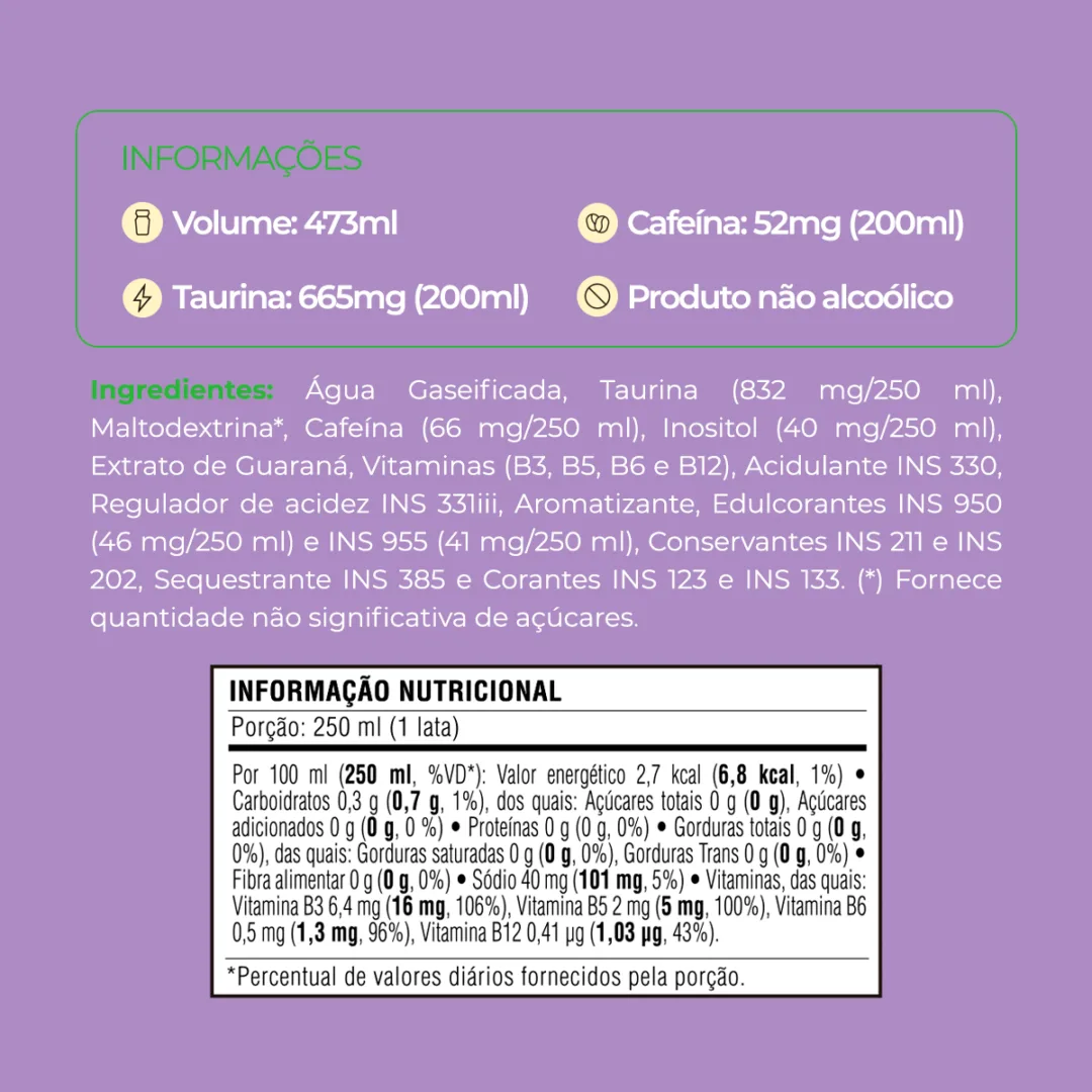 Informações e tabela nutricional do Baly Amora com Hortelã Zero
